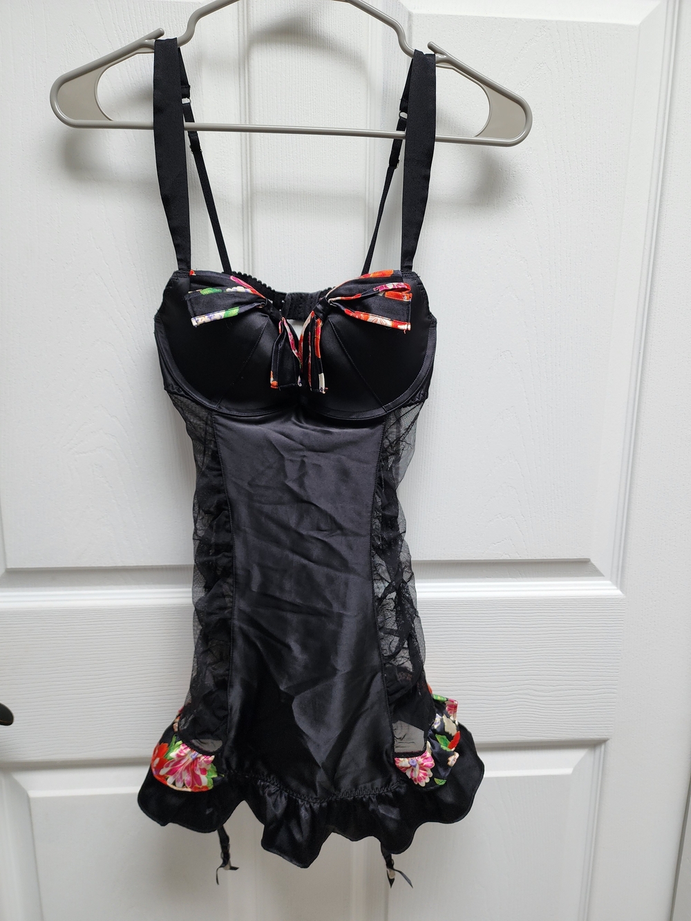 Victoria's Secret Black Floral-Accent Satin Chemise